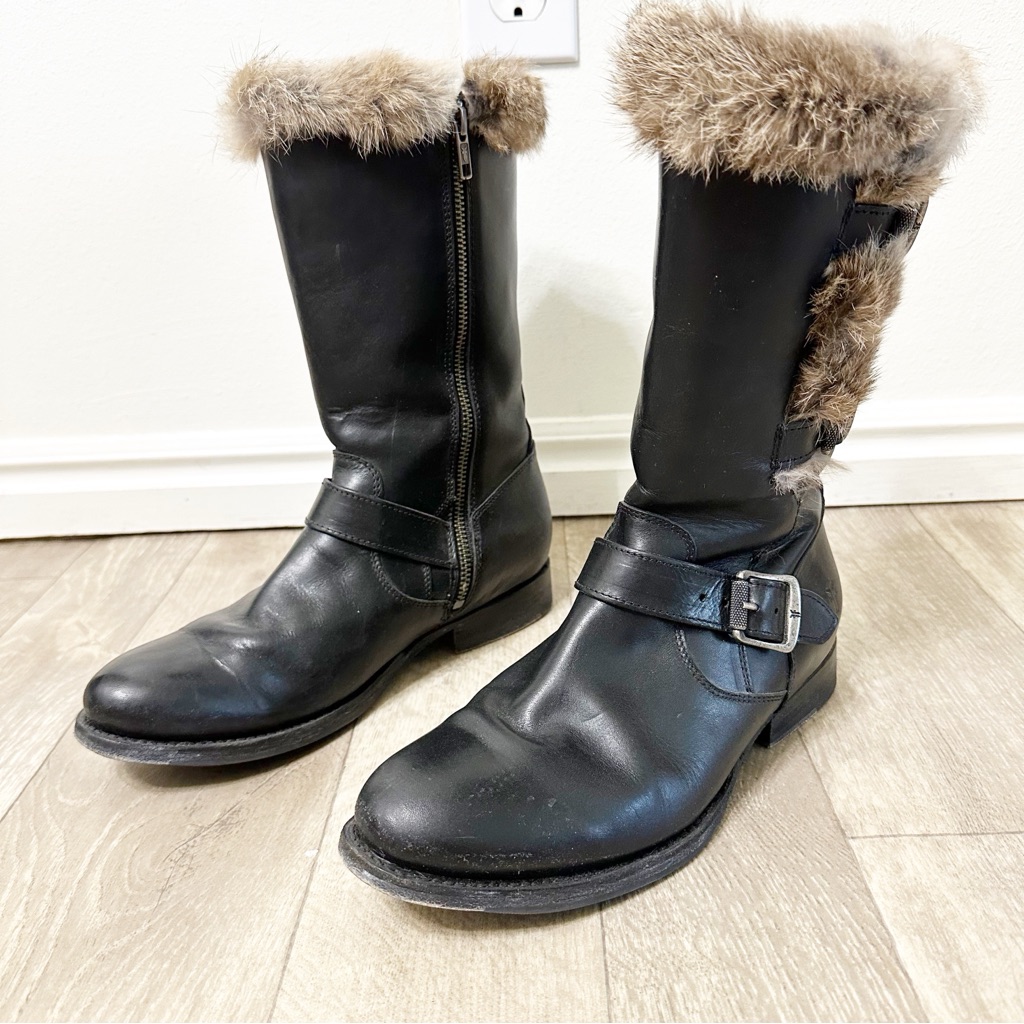Frye Jamie Lux Rabbit Fur Lined Black Leather Moto Boots 8